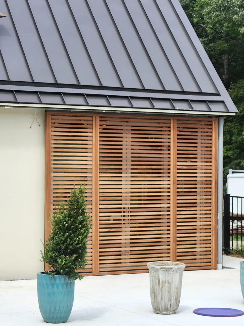 Cedar slat panel on a garage wall